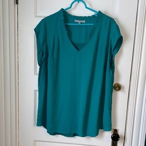Daniel Rainn Teal Ruffle V-Neck Blouse